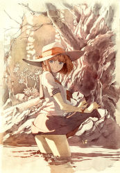 Rule 34 | 1girl, blue eyes, brown hair, bug, butterfly, cacn, clothes lift, grass, hat, insect, looking at viewer, no panties, original, school uniform, sepia, serafuku, short hair, signature, skirt, skirt lift, smile, solo, tree, wading, watch, water, wristwatch