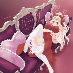 Rule 34 | 1girl, aliza (granblue fantasy), arm warmers, bad id, bad pixiv id, blush, bow, breasts, commentary request, couch, draph, dress, forehead protector, granblue fantasy, haduki hd, hair bow, horns, large breasts, long hair, looking at viewer, lying, on couch, panties, pillow, red dress, red eyes, ribbed legwear, ribbed panties, silver hair, smile, solo, thighhighs, underwear, white panties, white thighhighs