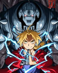 Rule 34 | 2boys, alphonse elric, armor, bad source, blonde hair, blue shirt, braid, braided ponytail, brothers, coat, commentary, cowboy shot, eastblue 95, edward elric, electricity, english commentary, floating hair, full armor, fullmetal alchemist, highres, hood, hooded coat, looking at viewer, male focus, mechanical arms, multiple boys, parted bangs, red coat, red eyes, shirt, siblings, signature, single mechanical arm, smile, twitter username, yellow eyes