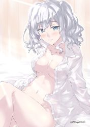 Rule 34 | 1girl, blue eyes, blush, bottomless, breasts, commentary request, curly hair, dress shirt, kantai collection, kashima (kancolle), looking at viewer, medium breasts, mikage takashi, navel, no headwear, no headwear, open clothes, open shirt, shirt, silver hair, smile, solo, two side up