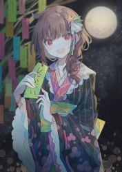 Rule 34 | 1girl, :d, absurdres, ahoge, bamboo, black kimono, blunt bangs, blurry, blurry background, blush, bracelet, braid, brown hair, depth of field, hair ornament, highres, holding, holding tanzaku, japanese clothes, jewelry, kimono, looking at viewer, moon, multicolored clothes, multicolored kimono, night, open mouth, original, outdoors, pink kimono, red eyes, single braid, sky, smile, solo, standing, star (sky), star (symbol), star hair ornament, starry sky, striped clothes, striped kimono, tanabata, tanzaku, umemaro (siona0908)