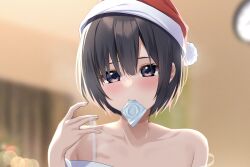 Rule 34 | 1girl, black hair, blurry, blurry background, blush, collarbone, commentary request, condom, condom in mouth, condom wrapper, hat, highres, kiona (giraffe kiona), looking at viewer, mouth hold, original, purple eyes, red hat, santa hat, short hair, solo