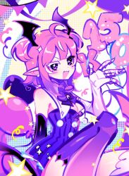 Rule 34 | 1girl, ahoge, asymmetrical gloves, asymmetrical legwear, balloon, black gloves, breasts, camila (vtuber), claw ring, cleavage, colored eyelashes, confetti, demon girl, demon wings, detached collar, diamond facial mark, earrings, elbow gloves, facial mark, fang, frilled leotard, frills, gloves, head wings, heart, heart facial mark, highres, indie virtual youtuber, jewelry, kasumi koujou, leotard, letter balloon, looking at viewer, mismatched eyelashes, mismatched gloves, mismatched legwear, multicolored hair, number balloon, open mouth, pink hair, pointy ears, pom pom (clothes), purple eyes, short hair, small breasts, solo, sparkling eyes, star (symbol), streaked hair, streamers, tail, thighhighs, two side up, virtual youtuber, white gloves, white hair, wings