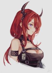 Rule 34 | 1girl, arknights, breast strap, breasts, chest strap, cleavage, collarbone, commentary request, cropped torso, grey background, hair behind ear, highres, horns, id card, infection monitor (arknights), long hair, medium breasts, nashidrop, purple eyes, red hair, signature, surtr (arknights), upper body