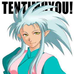 Rule 34 | 1girl, blue hair, copyright name, k-ma, lowres, pointy ears, ranguage, ryouko (tenchi muyou!), solo, spiked hair, tenchi muyou!, white background, yellow eyes