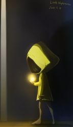 Rule 34 | 1girl, barefoot, bottomless, closed mouth, copyright name, dated, feet, haruyama kazunori, hood, hood up, lighter, little nightmares (series), looking at viewer, raincoat, shaded face, short hair, six (little nightmares), solo