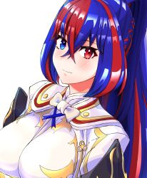 Rule 34 | 1girl, absurdres, alear (female) (fire emblem), alear (fire emblem), blue eyes, blue hair, blush, closed mouth, crossed bangs, fire emblem, fire emblem engage, hair between eyes, heterochromia, highres, looking at viewer, multicolored hair, nintendo, ponytail, red eyes, red hair, ribbon, solo, split-color hair, to (tototo tk), two-tone hair, white background