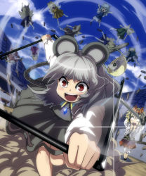 Rule 34 | &gt; &lt;, 6+girls, animal ears, basket, blonde hair, blush, capelet, cirno, closed eyes, dowsing rod, fairy, grey hair, highres, jewelry, long hair, long sleeves, mouse (animal), mouse ears, mouse tail, multiple girls, nazrin, open mouth, red eyes, ribbon, short hair, skirt, smile, syope, tail, toramaru shou, touhou, wings, x x