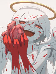Rule 34 | 1girl, :d, absurdres, angel, angel wings, avogado6, blood, blood on face, blood splatter, blood on hands, commentary request, feathered wings, guro, hair between eyes, half-closed eyes, halo, heart, heart (organ), highres, holding, holding heart, holding organ, looking at viewer, male focus, open mouth, original, red eyes, simple background, smile, solo, white background, white wings, wings