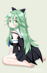 Rule 34 | 1girl, 1other, barefoot, black ribbon, black serafuku, black skirt, blue ribbon, commentary request, dated, detached sleeves, from behind, green eyes, green hair, grey background, hair between eyes, hair ornament, hair ribbon, hairclip, kantai collection, long hair, masara (chuujou), neckerchief, one-hour drawing challenge, parted bangs, pleated skirt, ponytail, ribbon, school uniform, serafuku, sidelocks, simple background, sitting, skirt, the yuudachi-like creature, twitter username, wariza, yamakaze (kancolle)