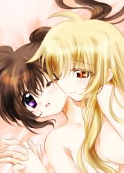 Rule 34 | 2girls, absurdres, ameiro, bed, blonde hair, breast press, breasts, brown hair, collarbone, couple, fate testarossa, holding hands, happy, highres, interlocked fingers, long hair, looking at another, lying, lyrical nanoha, mahou shoujo lyrical nanoha, mahou shoujo lyrical nanoha strikers, mahou shoujo lyrical nanoha vivid, multiple girls, nude, purple eyes, red eyes, sideboob, smile, symmetrical docking, takamachi nanoha, yuri