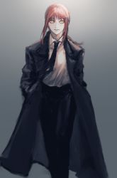 Rule 34 | 1girl, black necktie, black pants, braid, braided ponytail, brown hair, chainsaw man, collared shirt, expressionless, formal, grey background, hands in pockets, highres, long hair, makima (chainsaw man), necktie, pants, ringed eyes, shirt, shirt tucked in, solo, suit, walking, white shirt, yellow eyes, yohohoi