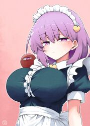 Rule 34 | 1girl, alternate costume, apron, breasts, commentary request, from below, hair between eyes, hair ornament, half-closed eyes, heart, heart hair ornament, highres, komeiji satori, large breasts, looking at viewer, maid, maid headdress, pink background, pink eyes, purple hair, scavia10, short hair, signature, simple background, solo, third eye, tight clothes, touhou, upper body