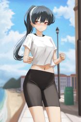 Rule 34 | 1girl, absurdres, bike shorts, black hair, black pants, black shorts, blue sky, blurry, blurry background, blush, breasts, clenched hands, closed mouth, cloud, dolri, exercising, facing viewer, hairband, highres, long hair, looking to the side, medium breasts, midriff, navel, outdoors, pants, ponytail, red eyes, shirt, shorts, sky, smile, solo, sportswear, spy x family, sweat, t-shirt, thighs, white hairband, white shirt, yor briar