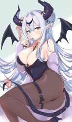 Rule 34 | 1girl, bare shoulders, between breasts, black pantyhose, blue eyes, blush, breasts, cleavage, curvy, demon girl, demon horns, demon tail, demon wings, double bun, earrings, emirio (emirio110), hair bun, hand to own mouth, high heels, highres, horns, jewelry, large breasts, leaning to the side, leotard, long hair, looking at viewer, nail polish, necktie, necktie between breasts, original, pantyhose, pointy ears, solo, tail, thigh strap, white hair, wings