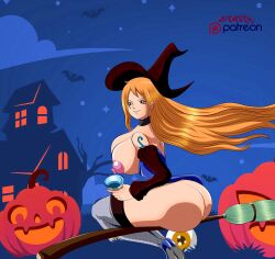 Rule 34 | 1girl, absurdres, ass, bat (animal), breasts, broom, cleavage, dicasty, grin, hat, highres, huge breasts, large breasts, long hair, nami (one piece), night, night sky, one piece, orange hair, pumpkin, sky, smile, witch hat