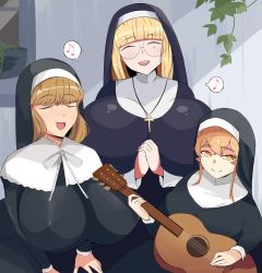 3girls absurdres blonde_hair breasts cleavage closed_eyes cuteakita female_focus glasses highres huge_breasts large_breasts multiple_girls music nun original singing sor_inocencia_(cuteakita)