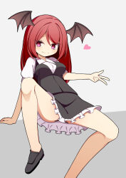 Rule 34 | 1girl, bat wings, black footwear, black skirt, black vest, breasts, closed mouth, commentary request, frilled skirt, frills, grey background, head wings, heart, hekkmushi, highres, koakuma, long hair, looking at viewer, red hair, red pupils, short sleeves, skirt, smile, solo, touhou, two-tone background, vest, w, wings