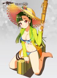 Rule 34 | 1girl, alternate costume, bad id, bad pixiv id, barefoot, bikini, blue bikini, blush, breasts, character name, cleavage, closed mouth, collarbone, earrings, fish hair ornament, front-tie bikini top, front-tie top, full body, g28 (girls&#039; frontline), g28 (tropical storm) (girls&#039; frontline), girls&#039; frontline, green hair, groin, gun, hair ornament, hat, head tilt, highres, holding, holding gun, holding weapon, jewelry, kneeling, large breasts, left-handed, long hair, looking at viewer, mole, mole on breast, navel, official alternate costume, one side up, orange eyes, ribbon, sidelocks, sizque, smile, solo, stomach, straw hat, sun hat, swimsuit, thighs, trigger discipline, weapon, weapon case
