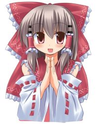 Rule 34 | 1girl, :d, bare shoulders, brown eyes, brown hair, detached sleeves, female focus, hair tubes, hakurei reimu, hoshi umi, long sleeves, looking at viewer, open mouth, own hands together, perfect cherry blossom, ribbon-trimmed sleeves, ribbon trim, sidelocks, smile, solo, touhou, vest