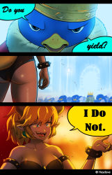 Rule 34 | 1boy, 1girl, 3koma, absurdres, armlet, army, ass, bare shoulders, bird, black leotard, blonde hair, blue eyes, bowsette, bracelet, breasts, comic, earrings, english text, heydove, highres, horns, jewelry, king penguin (mario), large breasts, leotard, mario (series), new super mario bros. u deluxe, nintendo, open mouth, penguin, penguin (mario), pointy ears, ponytail, sharp teeth, speech bubble, spiked armlet, spiked bracelet, spikes, teeth, the super mario bros. movie