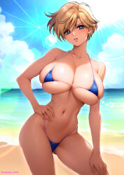 Rule 34 | 1girl, artist name, bare arms, bare shoulders, beach, bikini, bishoujo senshi sailor moon, blonde hair, blue bikini, blue eyes, blue sky, breasts, cloud, cloudy sky, collarbone, commentary request, day, hand on own hip, highleg, highleg bikini, highres, large breasts, looking at viewer, micro bikini, navel, ocean, outdoors, oyaman, parted lips, shiny skin, short hair, simple background, skindentation, sky, solo, stomach, swimsuit, ten&#039;ou haruka, thighs, water