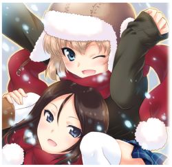 Rule 34 | 10s, 2girls, black hair, black sweater, blonde hair, blue eyes, blue skirt, boots, brown footwear, brown hat, carrying, casual, girls und panzer, hat, katyusha (girls und panzer), long hair, long sleeves, looking at viewer, miniskirt, multiple girls, nonna (girls und panzer), one eye closed, open mouth, pleated skirt, red scarf, scarf, short hair, shoulder carry, skirt, smile, snow, sweater, swept bangs, thighhighs, white legwear, yano takumi