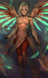 Rule 34 | 1girl, absurdres, armor, backlighting, blonde hair, blue eyes, bodysuit, commentary, faulds, feathers, floral print, fortune mercy, glowing, glowing feather, glowing wings, golden mercy, greaves, green feathers, halo, high ponytail, highres, holding, holding staff, jpeg artifacts, light smile, lips, looking at viewer, making-of available, matilda fiship, mechanical halo, mechanical wings, mercy (overwatch), nose, official alternate costume, overwatch, overwatch 1, pantyhose, pelvic curtain, pink lips, red pantyhose, sketch, solo, spread wings, staff, wings