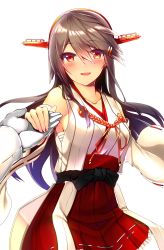 Rule 34 | 1boy, 1girl, bare shoulders, black hair, blush, breasts, detached sleeves, gloves, hair ornament, hairband, hairclip, haruna (kancolle), headgear, highres, japanese clothes, kantai collection, long hair, long sleeves, nontraditional miko, open mouth, out of frame, red skirt, ribbon-trimmed sleeves, ribbon trim, simple background, skirt, tsukui kachou, white background, white gloves, wide sleeves