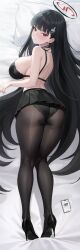 Rule 34 | 1girl, absurdres, ass, black bra, black footwear, black hair, black pantyhose, black skirt, blue archive, blunt bangs, blush, bra, breasts, commentary, dakimakura (medium), english commentary, hair ornament, hairclip, halo, high heels, highres, large breasts, long hair, looking at viewer, no shirt, pantyhose, pillow, preview (preview0), pumps, red eyes, rio (blue archive), shoes, sideboob, skirt, solo, stiletto heels, underwear, v-shaped eyebrows, very long hair