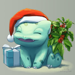 Rule 34 | artist name, box, bulbasaur, butt-berry, creatures (company), closed eyes, full body, game freak, gen 1 pokemon, gift, gift box, hat, highres, holly, nintendo, no humans, pokemon, pokemon (creature), santa hat, signature, solo, tumblr username