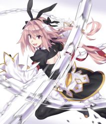 Rule 34 | 1boy, absurdres, alternate legwear, armor, astolfo (fate), astolfo (saber) (fate), astolfo (saber) (third ascension) (fate), black bow, black gloves, black legwear, black neckwear, black ribbon, bow, fang, fate/grand order, fate (series), faulds, gloves, hair intakes, highres, juliet sleeves, layered skirt, long hair, long sleeves, looking at viewer, low twintails, male focus, mizuumi (bb), multicolored hair, pink hair, puffy sleeves, purple eyes, ribbon, skin fang, skirt, streaked hair, sword, trap, twintails, weapon, whip sword, white hair, wing collar