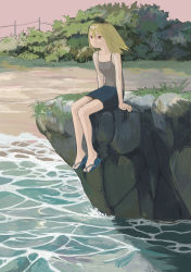 Rule 34 | 1girl, absurdres, arm support, arms at sides, beach, black skirt, blonde hair, breasts, brown eyes, brown shirt, commentary request, day, dot mouth, flip-flops, grass, hair between eyes, highres, ocean, original, outdoors, pencil skirt, power lines, sand, sandals, shirt, shore, sitting, skirt, sleeveless, sleeveless shirt, small breasts, solo, spaghetti strap, sunlight, turquoise iro, utility pole, water