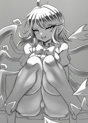 Rule 34 | 1girl, ahoge, ass, asymmetrical wings, bad id, bad twitter id, bow, bowtie, breasts, buttons, cameltoe, center frills, commentary request, doku yanagi, dress, footwear bow, frilled dress, frills, full body, greyscale, hair between eyes, highres, houjuu nue, looking at viewer, mary janes, medium breasts, monochrome, open mouth, panties, pointy ears, shoes, short dress, short hair, short sleeves, simple background, sitting, smile, solo, thighhighs, thighs, tongue, tongue out, touhou, underwear, wings