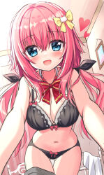 Rule 34 | 1girl, absurdres, bed, blush, bra, breasts, cleavage, collarbone, commentary request, curtains, hair ornament, hamidashi creative, heart, highres, large breasts, long hair, low twintails, medium breasts, navel, open mouth, panties, picture frame, pov, reaching, reaching towards viewer, ribbon, solo, tokiwa kano, twintails, tyutaka0427, underwear