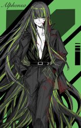 Rule 34 | 1girl, alfonso (project moon), ashi (dongshi389), belt, black hair, black pants, blood, blood on clothes, blood on face, blood on gloves, breasts, character name, closed eyes, closed mouth, collarbone, formal, green background, green hair, hands in pockets, highres, jacket, limbus company, long hair, looking at viewer, medium breasts, multicolored hair, pants, project moon, smile, solo, streaked hair, suit, very long hair