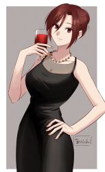 Rule 34 | 1girl, alcohol, alternate costume, aozaki touko, black dress, border, breasts, closed mouth, collarbone, commentary request, cup, dress, earrings, fingernails, formal, glass, grey background, hand on own hip, highres, holding, holding cup, jewelry, looking at viewer, mahou tsukai no yoru, medium breasts, necklace, orange nails, outside border, red eyes, red hair, shintyoi2, short hair, simple background, sleeveless, sleeveless dress, smile, solo, white border