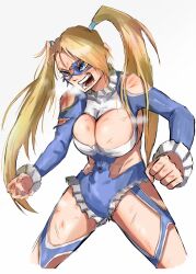 Rule 34 | 1girl, absurdres, angry, bababaeki00, bare shoulders, blonde hair, blue eyes, breasts, cleavage, highres, large breasts, long hair, long sleeves, mask, rainbow mika, street fighter, twintails, wrestling outfit