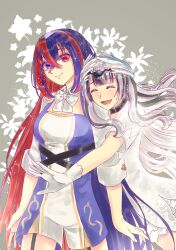 2girls alear_(female)_(fire_emblem) alear_(fire_emblem) black_choker black_hair blue_eyes blue_hair bow bowtie choker closed_mouth crossed_bangs feather_hair_ornament feathers fire_emblem fire_emblem_engage grey_hair hair_ornament heterochromia highres long_hair looking_at_viewer multicolored_hair multiple_girls nekoyashiki_08 nintendo open_mouth red_eyes red_hair siblings sisters smile split-color_hair two-tone_hair very_long_hair veyle_(fire_emblem) wavy_hair white_bow white_bowtie wing_hair_ornament