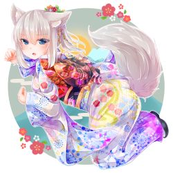 Rule 34 | 10s, 1girl, alternate hairstyle, animal ears, blue eyes, bow, dog ears, dog tail, floral print, from side, girls und panzer, hair ornament, hair up, itsumi erika, japanese clothes, kimono, large bow, long hair, long sleeves, looking at viewer, multicolored clothes, multicolored kimono, open mouth, print kimono, sandals, silver hair, solo, tail, wide sleeves, yunagi (arukumaruta)