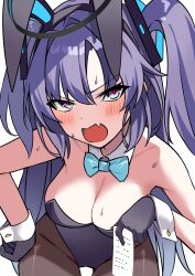 Rule 34 | 1girl, absurdres, alternate costume, angry, black gloves, black pantyhose, blue archive, blue eyes, blush, breasts, embarrassed, fang, gloves, halo, highres, leotard, medium breasts, open mouth, pantyhose, playboy bunny, purple hair, sweat, ticket, twintails, yuuka (blue archive)