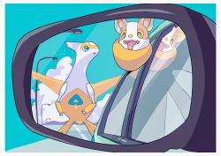 Rule 34 | alternate color, bird, blue eyes, border, car, claws, cloud, commentary request, creatures (company), fangs, game freak, gen 3 pokemon, gen 8 pokemon, green eyes, highres, lamppost, latias, legendary pokemon, looking at another, mirror, motor vehicle, nintendo, no humans, open mouth, parted lips, pokemon, pokemon (creature), rear-view mirror, reflection, saiku (zvlku), shiny pokemon, tongue, tongue out, white border, window, yamper