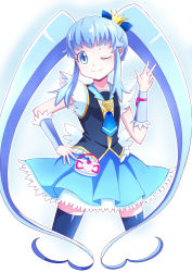 Rule 34 | 10s, 1girl, blue eyes, blue hair, blue skirt, brooch, crown, cure princess, hand on own hip, happinesscharge precure!, heart, heart brooch, highres, kiiro usagi, long hair, magical girl, matching hair/eyes, one eye closed, precure, shirayuki hime, skirt, smile, solo, thighhighs, twintails, v, wink