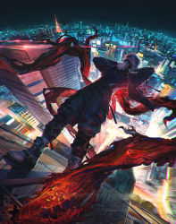 Rule 34 | 1boy, absurdres, alternate costume, alternate hairstyle, black jacket, black nails, black pants, building, cargo pants, city, city lights, cityscape, eyepatch, hand on own chin, highres, jacket, kaneki ken, long sleeves, mask, nail polish, namako mikan, night, open clothes, open jacket, outdoors, pants, red eyes, reflection, short hair, skyscraper, solo, standing, tokyo ghoul, white hair
