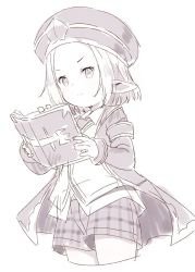 Rule 34 | 1girl, blush, book, closed mouth, collared shirt, commentary, copyright request, cowboy shot, cropped legs, dress shirt, forehead, greyscale, hat, holding, holding book, jacket, looking at viewer, meito (maze), monochrome, open book, open clothes, open jacket, parted bangs, plaid, plaid shorts, pointy ears, shirt, short shorts, shorts, simple background, sketch, solo, v-shaped eyebrows, white background