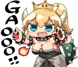 Rule 34 | 1girl, :d, aqua eyes, armlet, bare shoulders, black collar, black dress, black nails, blonde hair, bowsette, bracelet, breasts, breath weapon, breathing fire, chibi, cleavage, collar, collarbone, crown, dress, fingernails, fire, forked eyebrows, gao, hair between eyes, hands up, horns, jewelry, kanikama, large breasts, leaning forward, long fingernails, long hair, lowres, mario (series), mini crown, nail polish, new super mario bros. u deluxe, nintendo, open mouth, ponytail, princess, sharp fingernails, sharp teeth, simple background, smile, solo, spiked armlet, spiked bracelet, spiked collar, spiked shell, spikes, standing, strapless, strapless dress, super crown, teeth, thick eyebrows, turtle shell, v-shaped eyebrows, white background