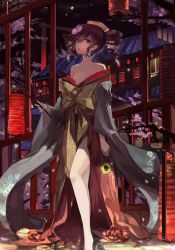 Rule 34 | 1girl, architecture, bare legs, bare shoulders, brown eyes, cherry blossoms, collarbone, comb, drill hair, east asian architecture, flower, hair flower, hair ornament, hairpin, highres, japanese clothes, kasane teto, kimono, lantern, night, obi, petals, red hair, saberiii, sash, solo, sunflower, twin drills, twintails, utau, yoshiwara lament (song)