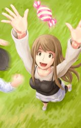 Rule 34 | 1girl, arms up, ayase asagi, brown eyes, brown hair, candy, casual, food, happy, highres, long hair, marsh (artist), open mouth, smile, solo, yotsubato!