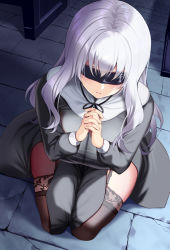 Rule 34 | 1girl, black blindfold, black dress, black garter straps, black ribbon, black thighhighs, blindfold, breasts, closed mouth, commentary request, dress, facing viewer, from above, garter straps, huyumitsu, indoors, interlocked fingers, large breasts, long hair, long sleeves, neck ribbon, nun, on floor, original, own hands together, paid reward available, pelvic curtain, ribbon, sitting, solo, stone floor, taut clothes, taut dress, thighhighs, thighs, white hair