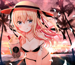 Rule 34 | 1girl, :q, backlighting, bare shoulders, bikini, black bikini, black ribbon, blonde hair, blue eyes, blue nails, breasts, cleavage, collarbone, commentary request, cowboy shot, cup, drinking straw, hair ribbon, hat, holding, holding cup, jewelry, leaning forward, long hair, looking at viewer, nail polish, navel, necklace, original, outdoors, palm tree, petals, ribbon, small breasts, smile, solo, star (symbol), stomach, strap slip, sun hat, sunset, swimsuit, thighs, tongue, tongue out, tree, two side up, wavy mouth, yadapot